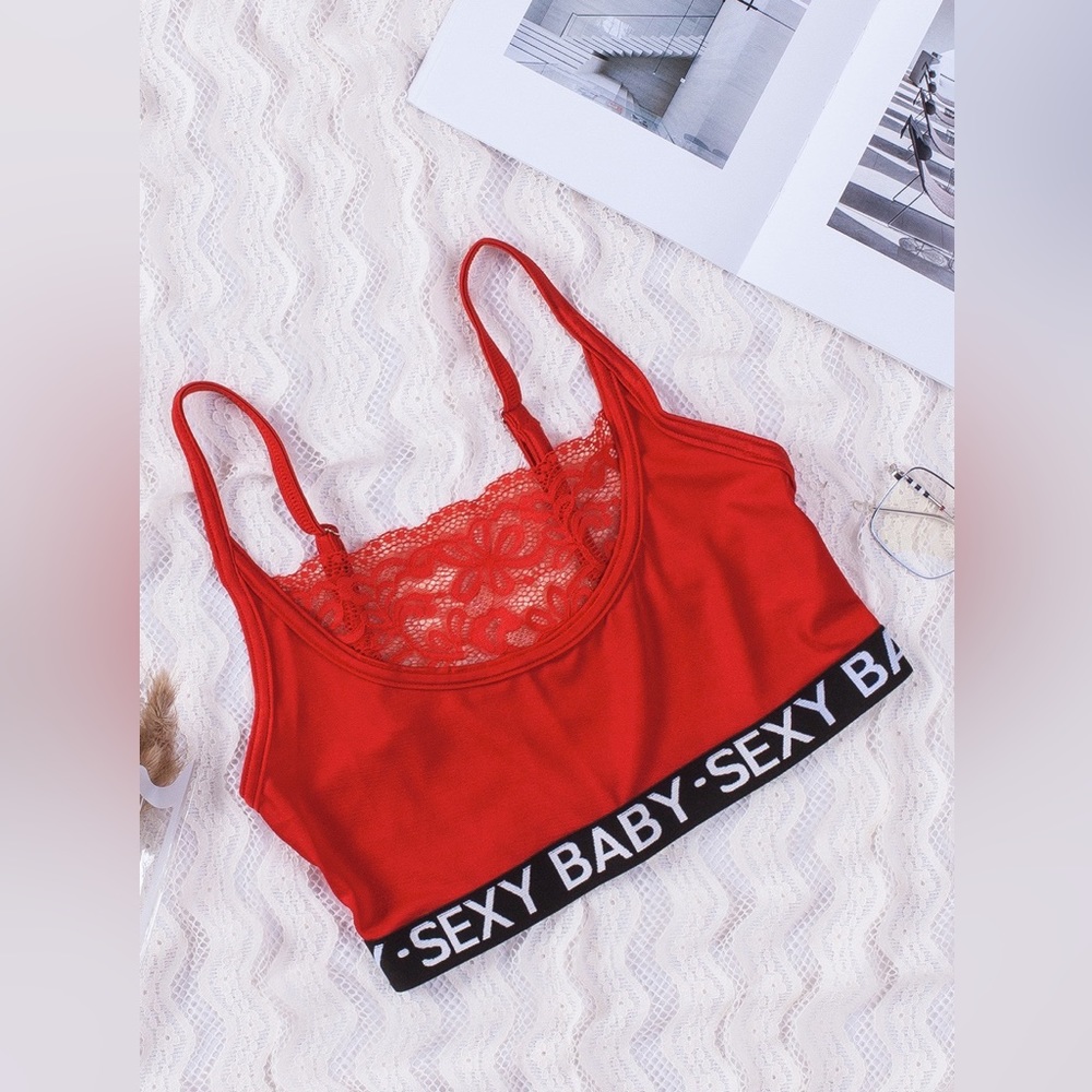 "Flirty and Feminine: Red Letter Print Lace Patch Bralette for Women in Size M"